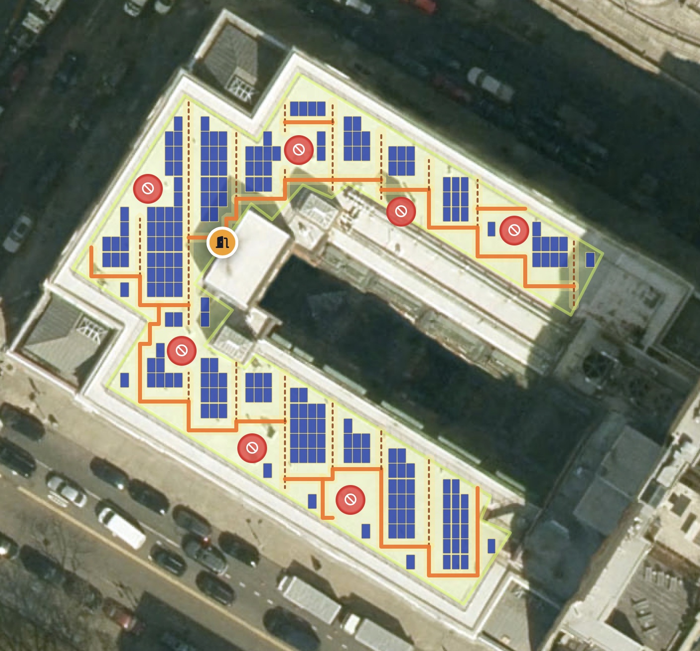 Aerial rooftop solar layout showing panels, obstacles, the roof boundary, entry point, and connected maintenance routes